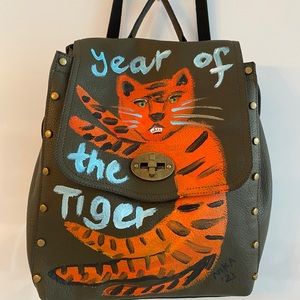 Handpainted by artist Vegan leather olive backpack